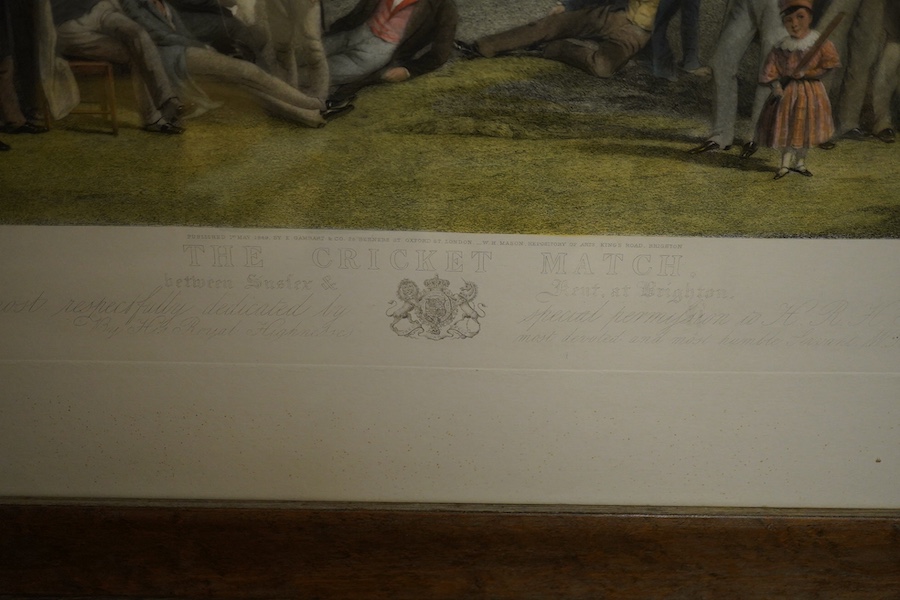 After William Drummond and Charles J. Basebe, colour engraving, 'The Cricket Match', published 1st May 1849 by E. Gambar & Co, together with a key detailing the figures in the engraving, 83 x 110cm. Condition - good